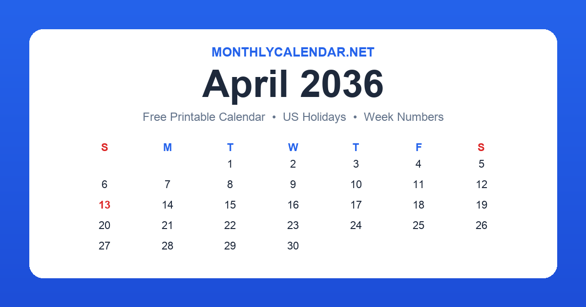 Printable April 2036 calendar with holidays