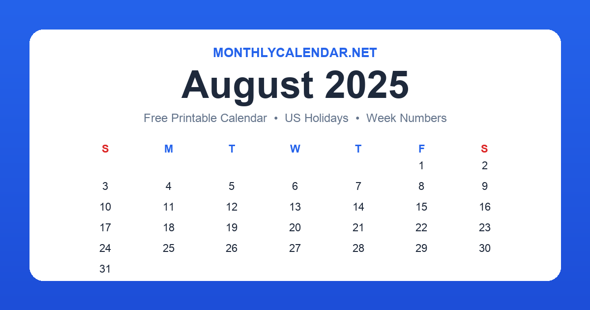 Printable August 2025 calendar with holidays