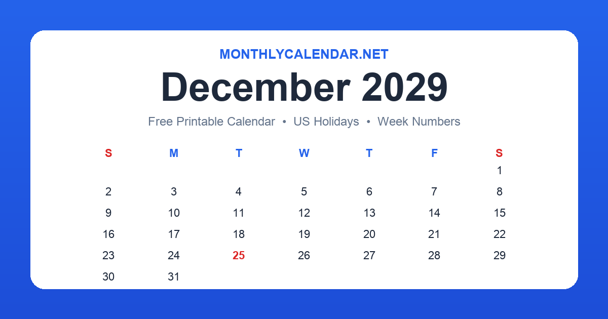 Printable December 2029 calendar with holidays
