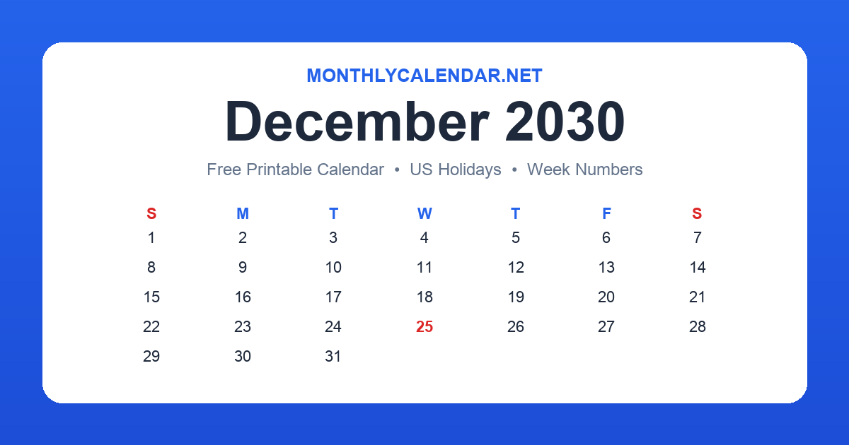 Printable December 2030 calendar with holidays