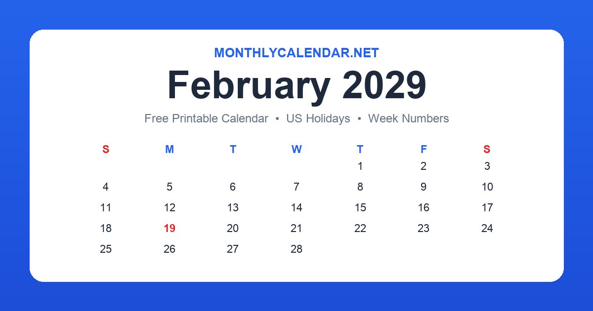 Printable February 2029 calendar with holidays