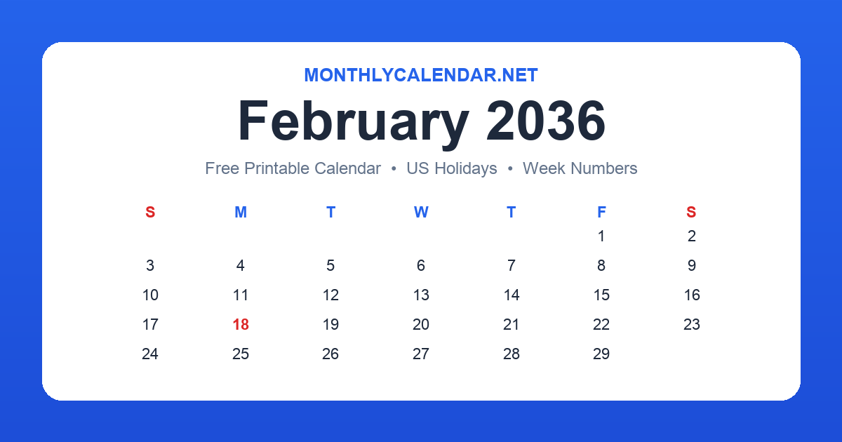 Printable February 2036 calendar with holidays