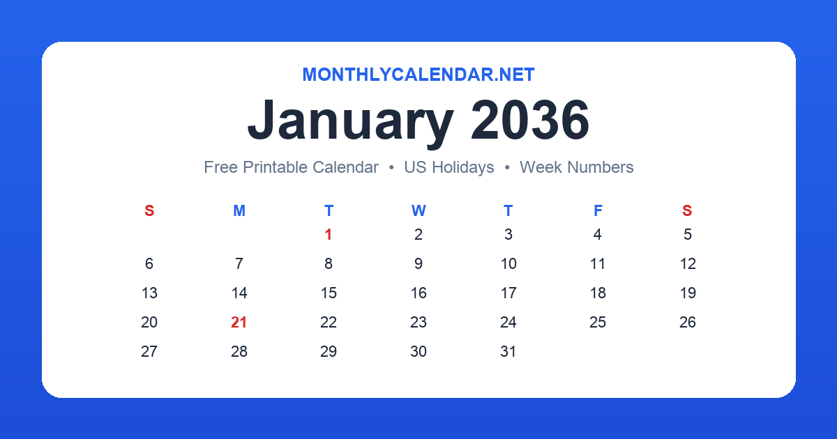 Printable January 2036 calendar with holidays