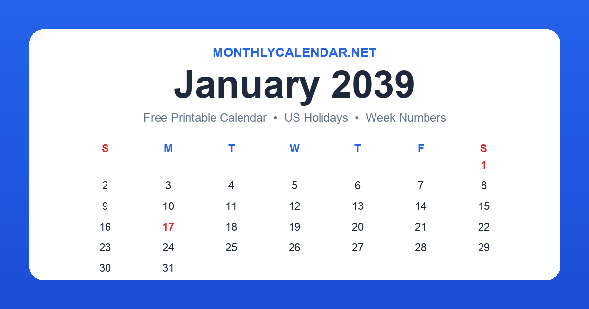 Printable January 2039 calendar with holidays