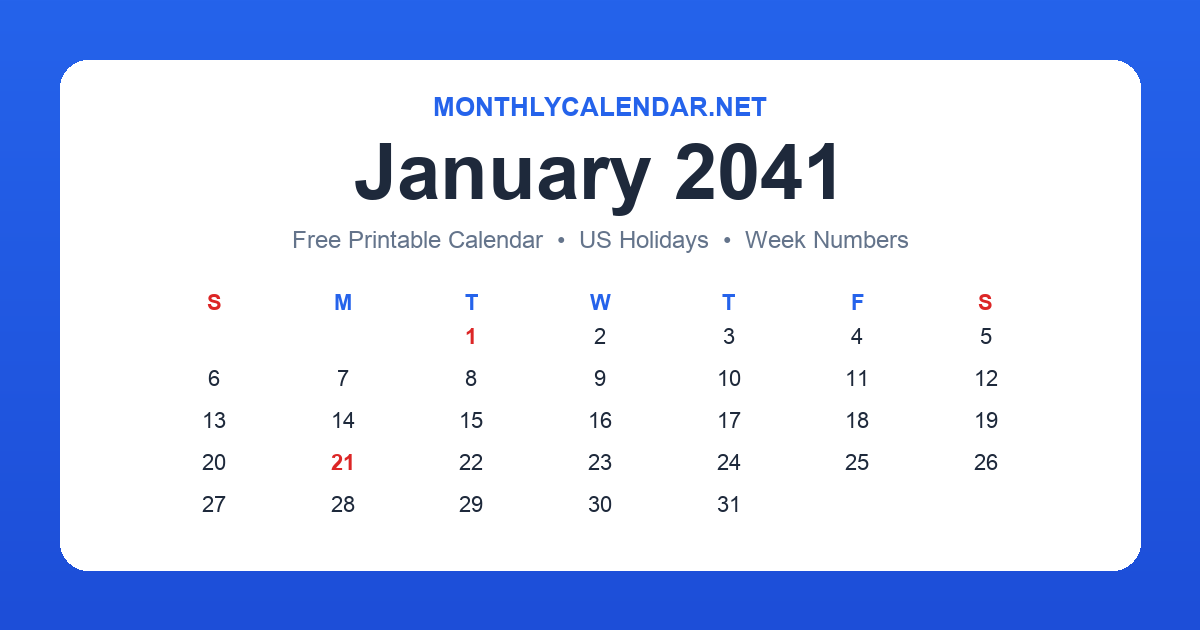 Printable January 2041 calendar with holidays