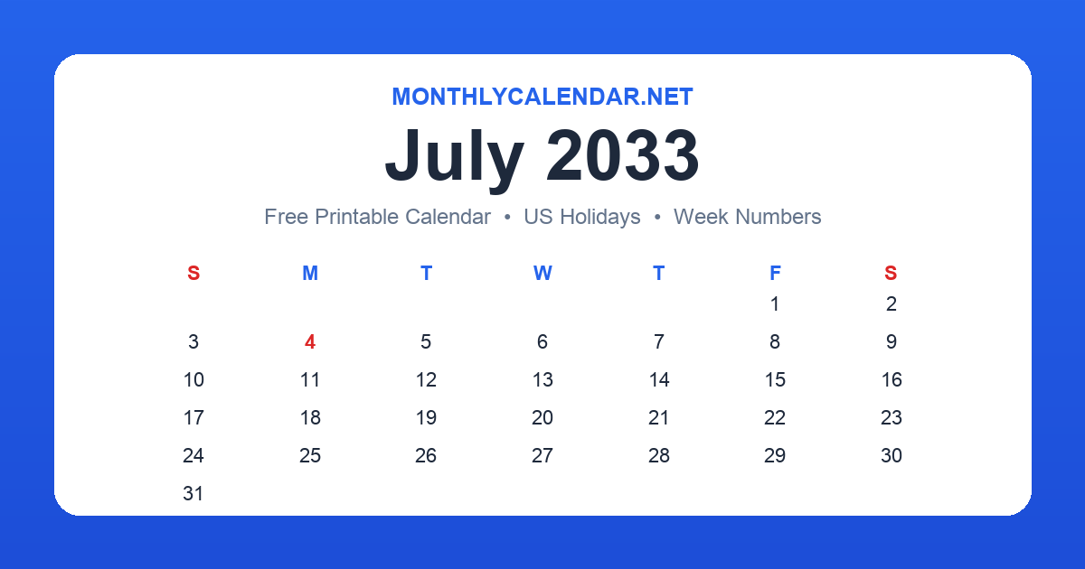 Printable July 2033 calendar with holidays