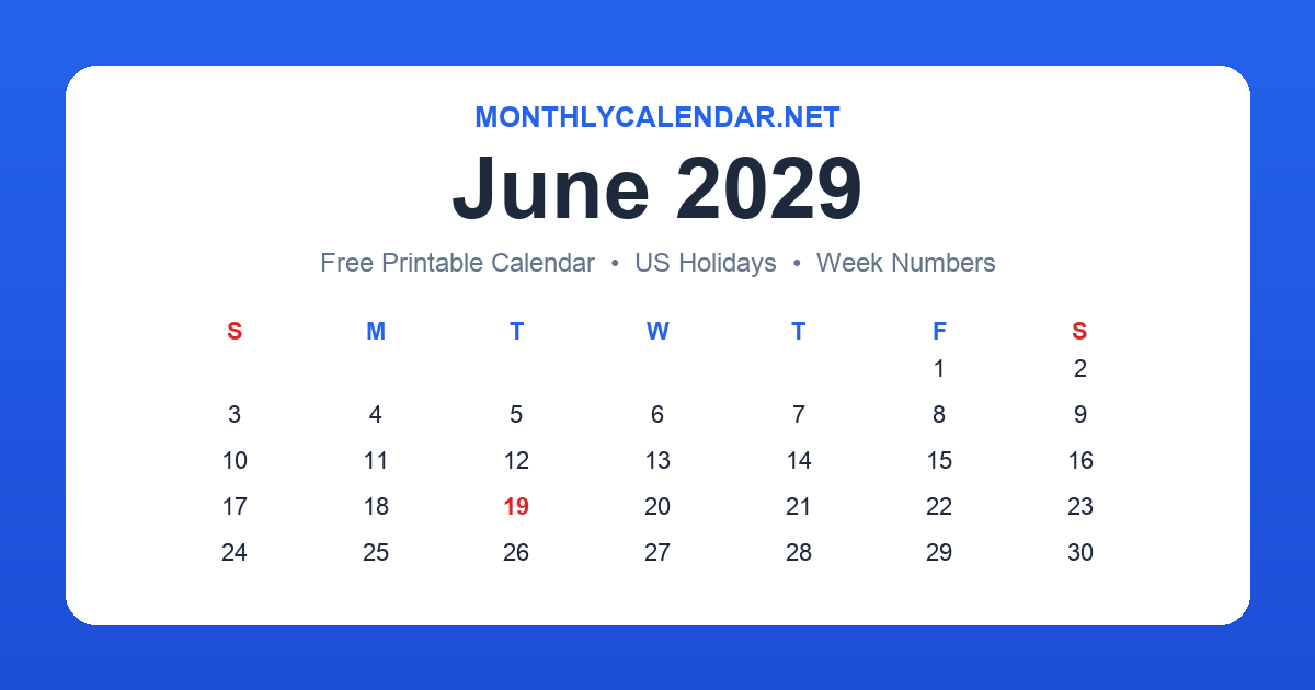 Printable June 2029 calendar with holidays