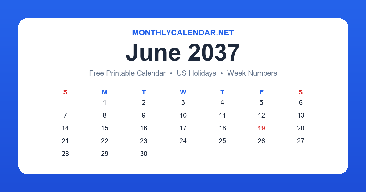 Printable June 2037 calendar with holidays