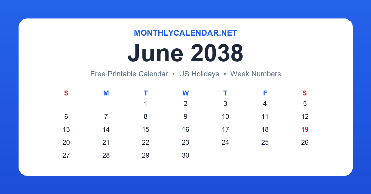 Printable June 2038 calendar with holidays