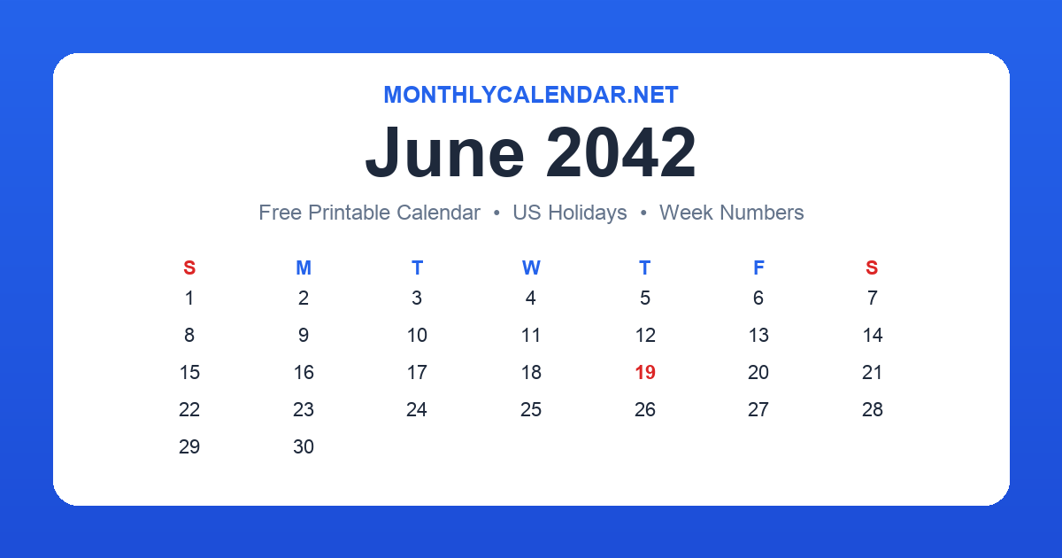 Printable June 2042 calendar with holidays