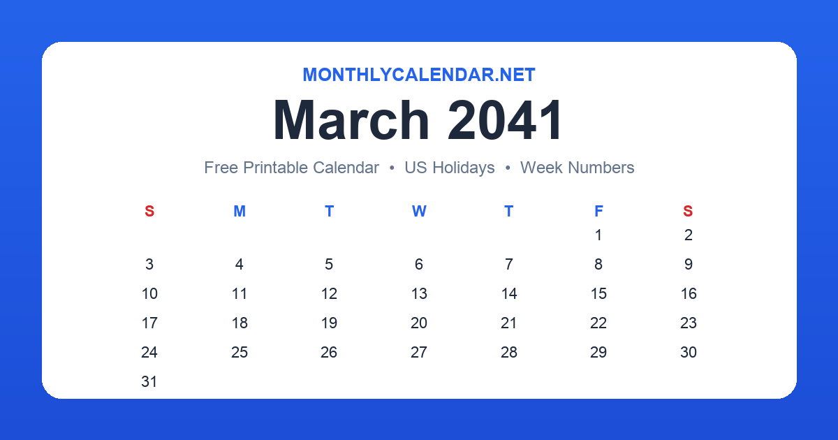 Printable March 2041 calendar with holidays