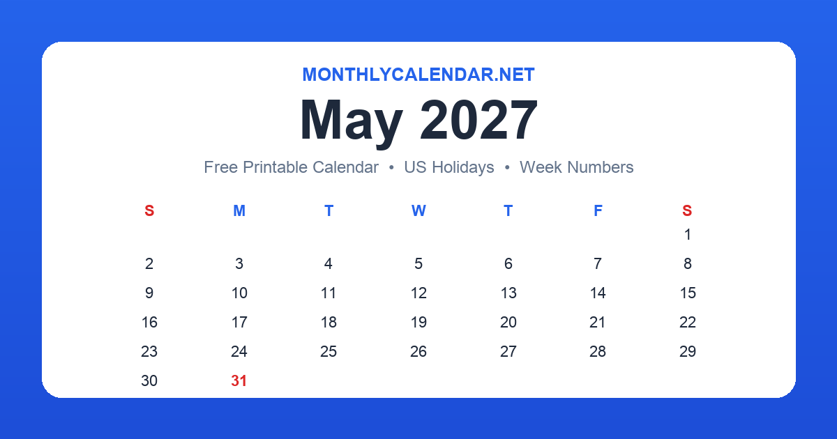 Printable May 2027 calendar with holidays