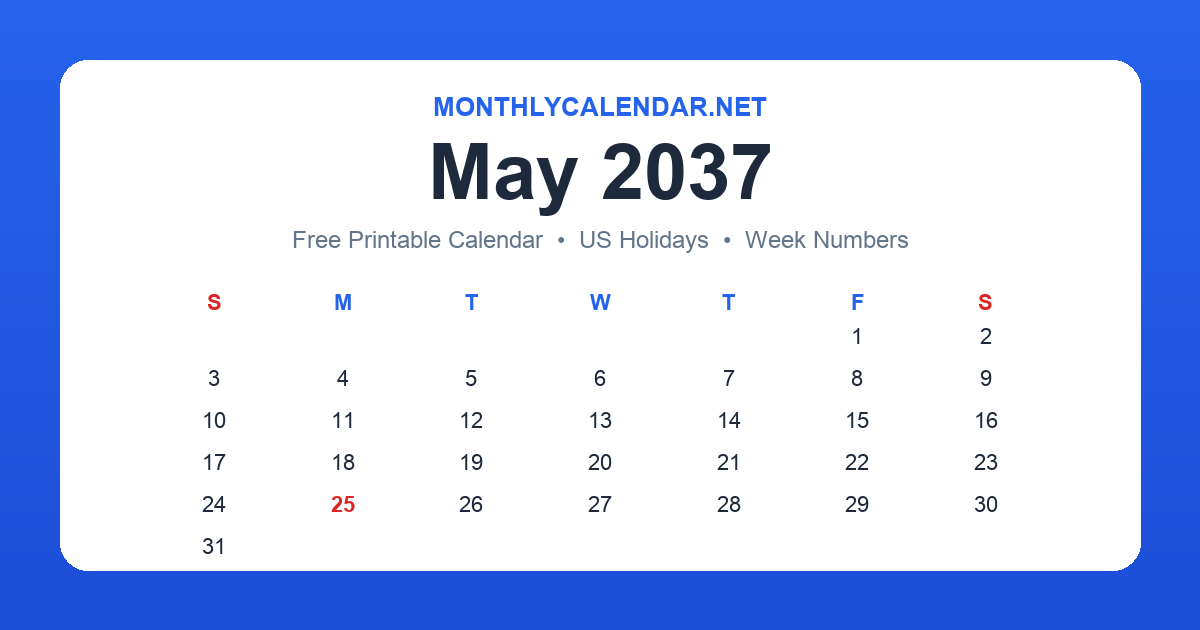 Printable May 2037 calendar with holidays
