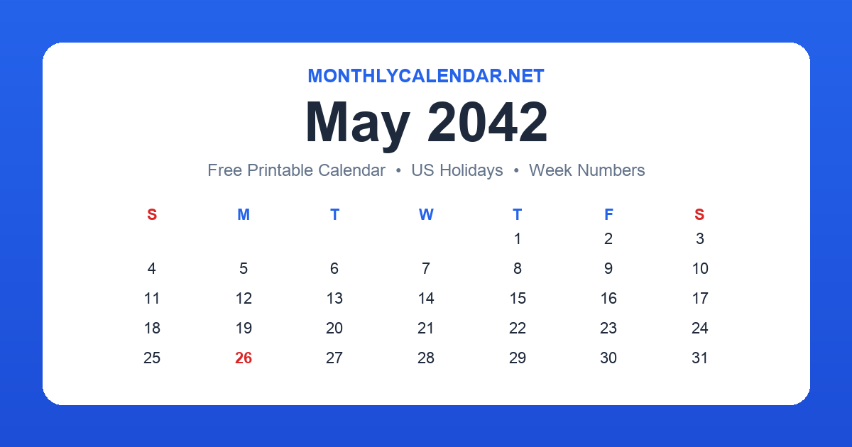 Printable May 2042 calendar with holidays