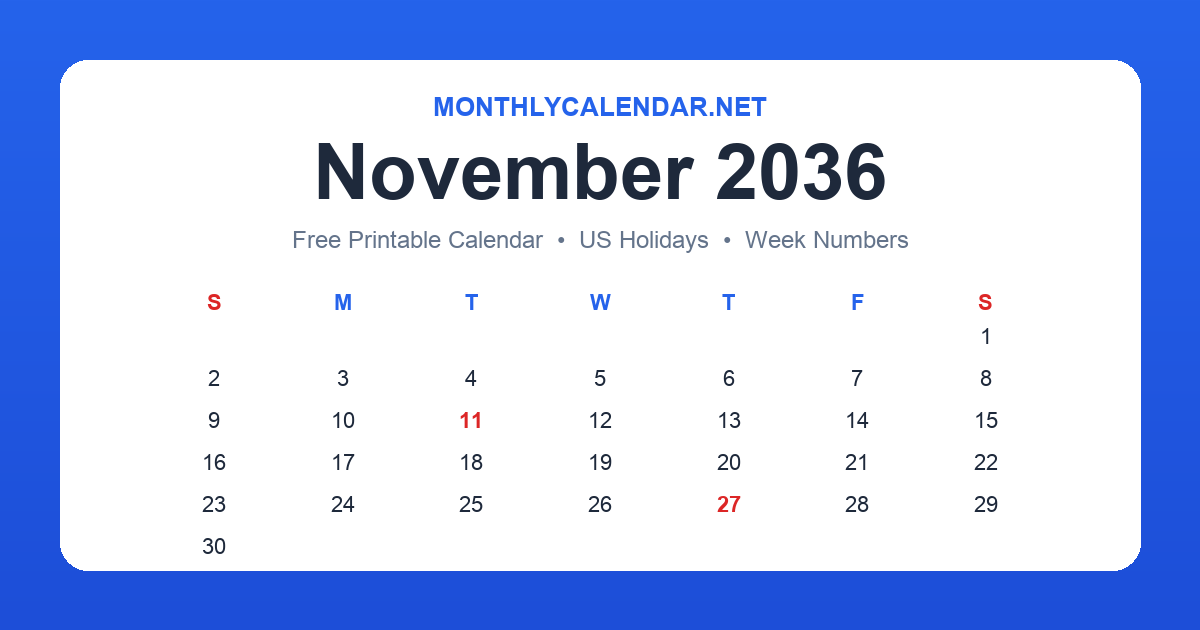 Printable November 2036 calendar with holidays
