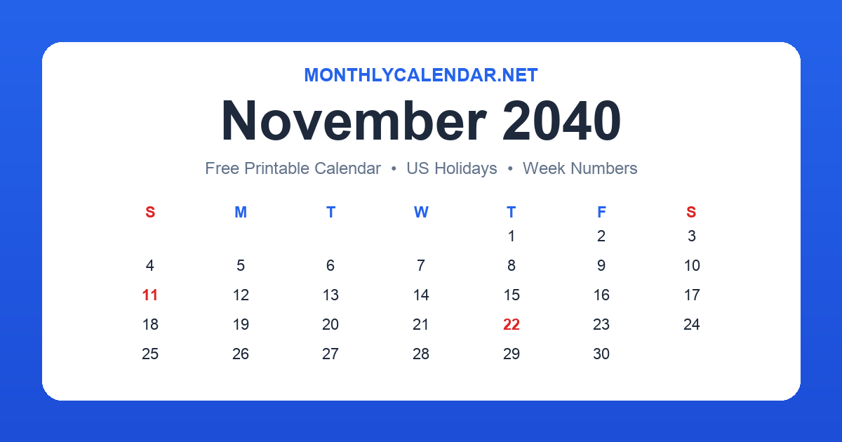 Printable November 2040 calendar with holidays