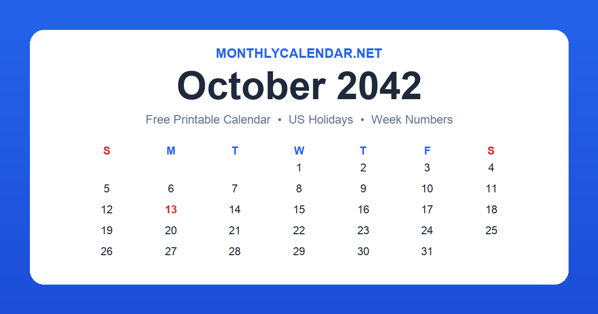 Printable October 2042 calendar with holidays