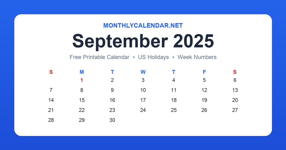 Printable September 2025 calendar with holidays