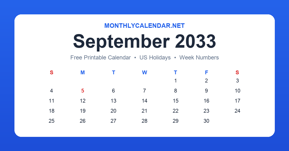 Printable September 2033 calendar with holidays