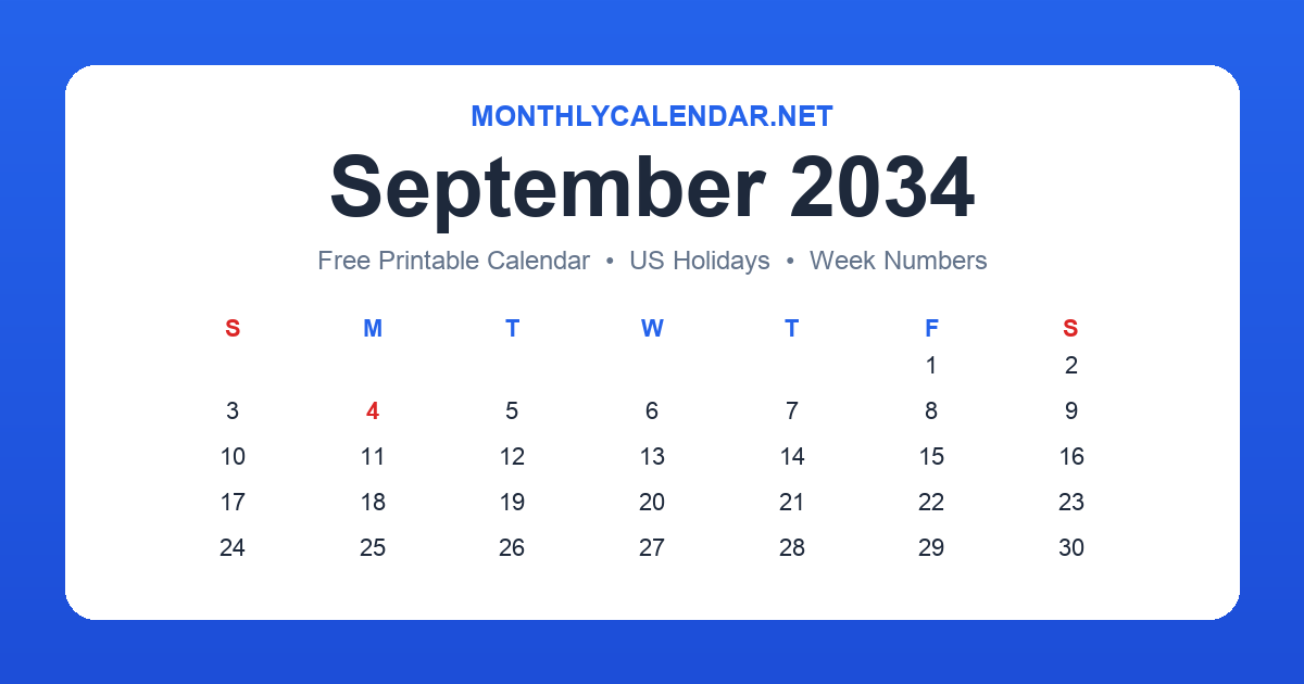 Printable September 2034 calendar with holidays