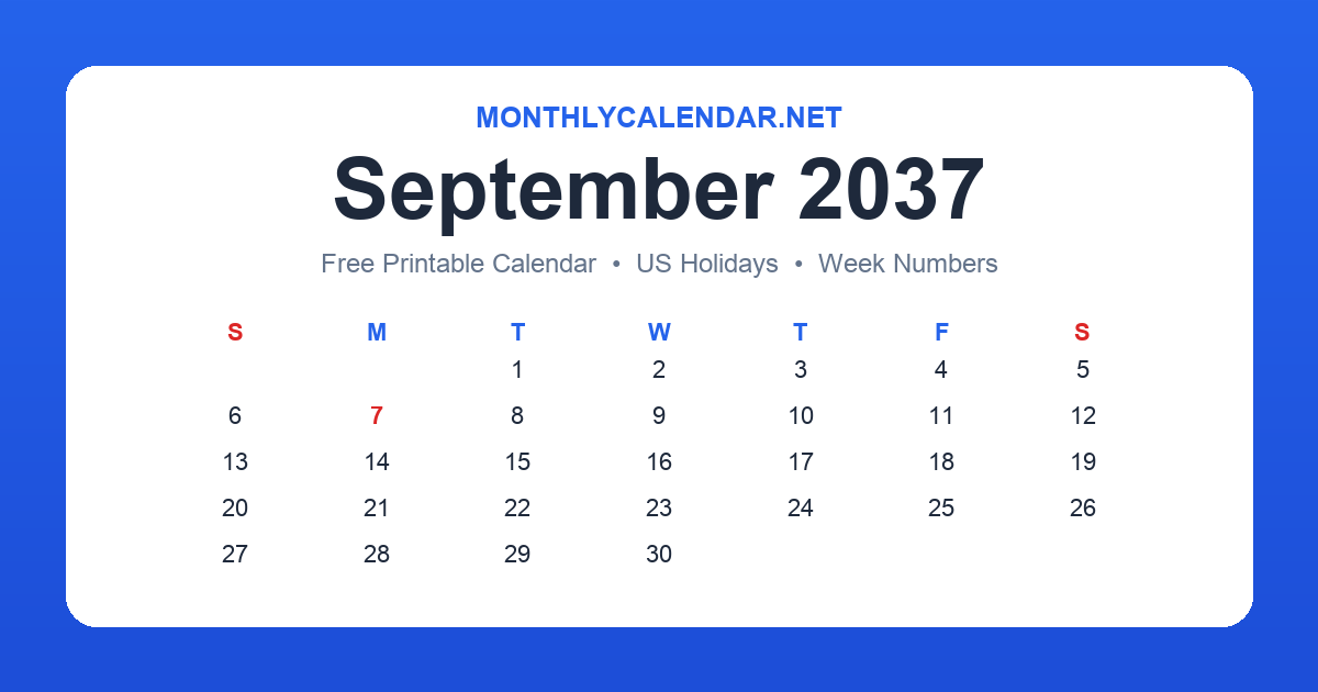 Printable September 2037 calendar with holidays